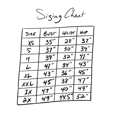 Handwritten sizing chart for clothing with measurements in inches.
