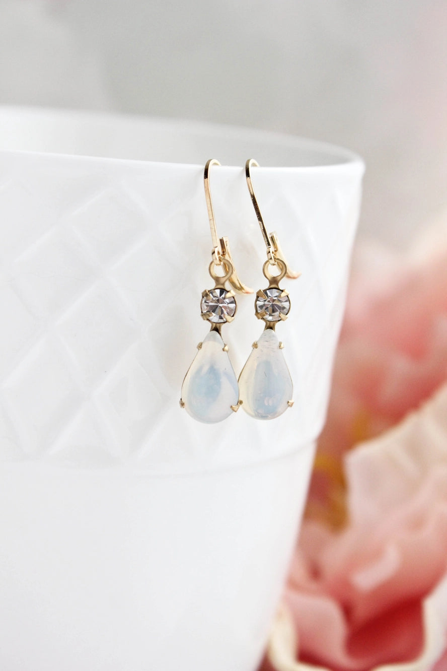 White Opal Vintage Glass Teardrop Earrings