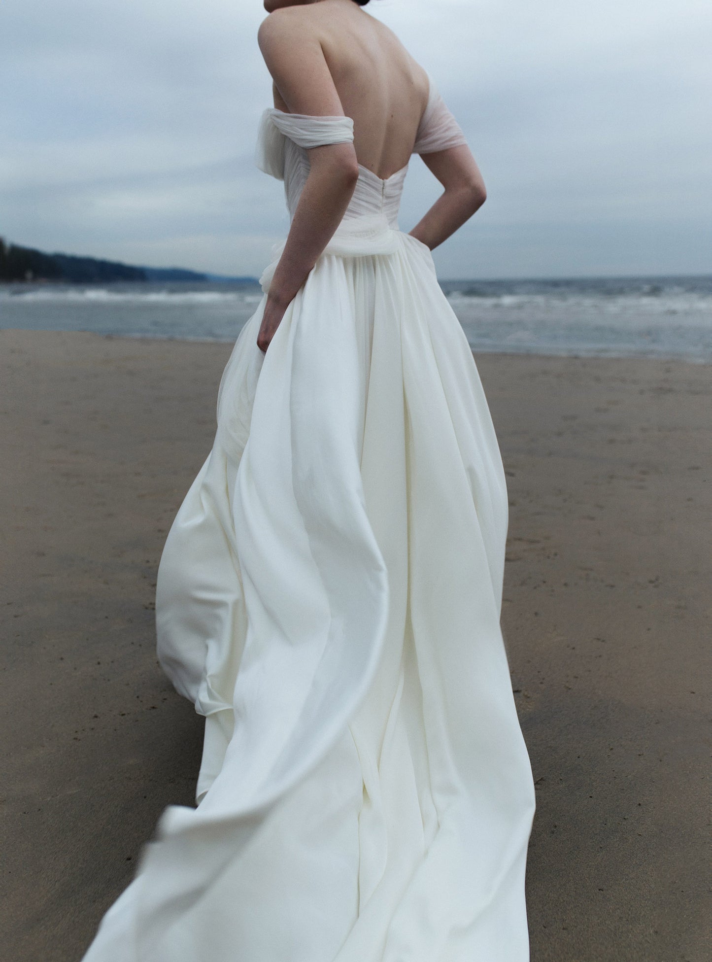 The back of the sora a-line wedding gown, silk tulle from ouma bridal.
