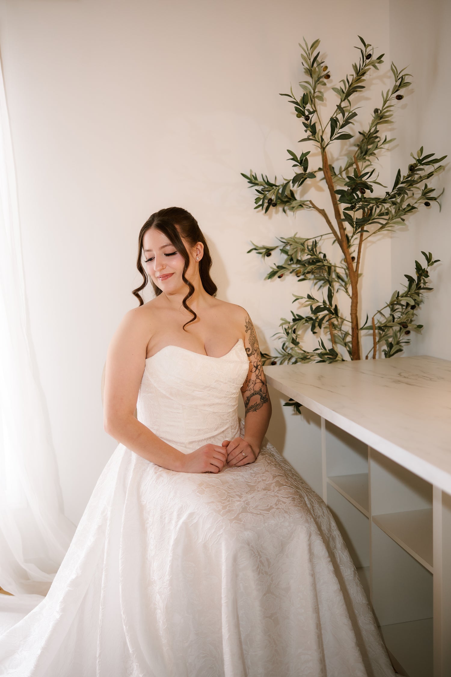 Model wearing jacquard modified soft sweetheart wedding dress named klein for wedding dress shopping ottawa 