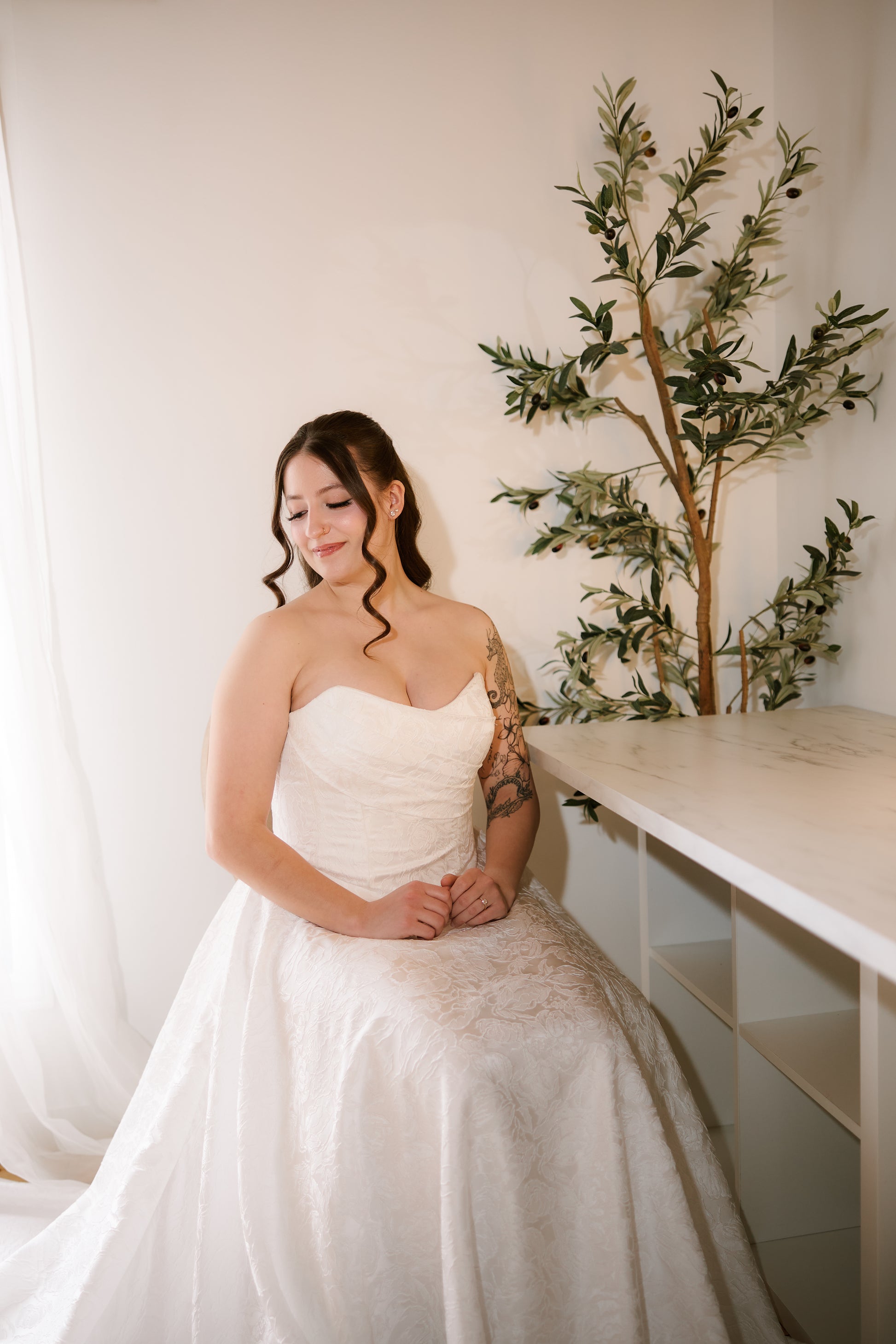 Model wearing jacquard modified soft sweetheart wedding dress named klein for wedding dress shopping ottawa 