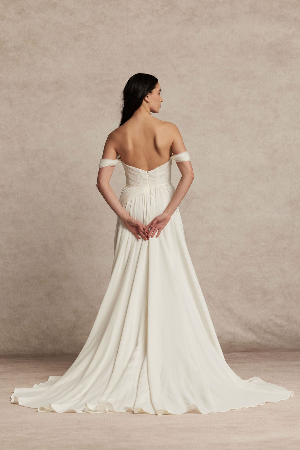 The back of the sora a-line wedding gown, silk tulle from ouma bridal.