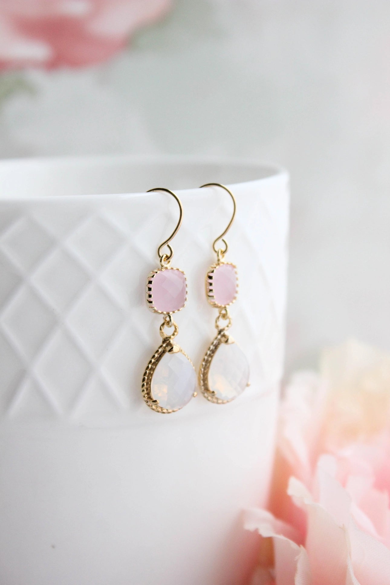 Opal and Pink Glass Dangle Earrings