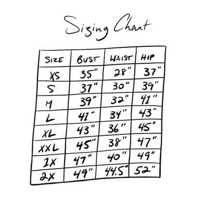 Handwritten sizing chart for clothing with measurements in inches.