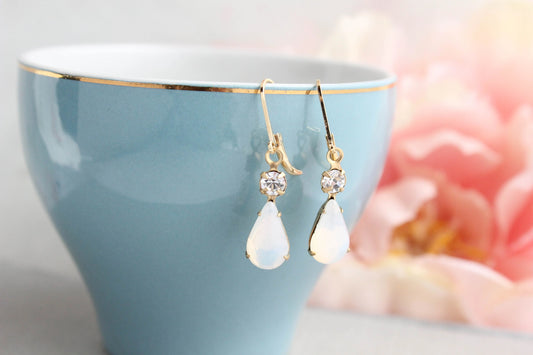 White Opal Vintage Glass Teardrop Earrings