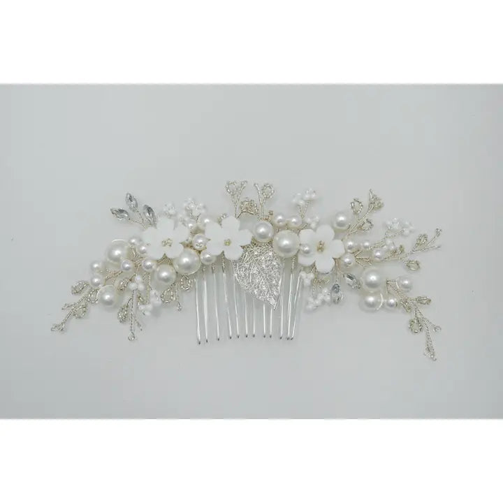 Silver hair comb with beads, pearls and porcelain flowers. 