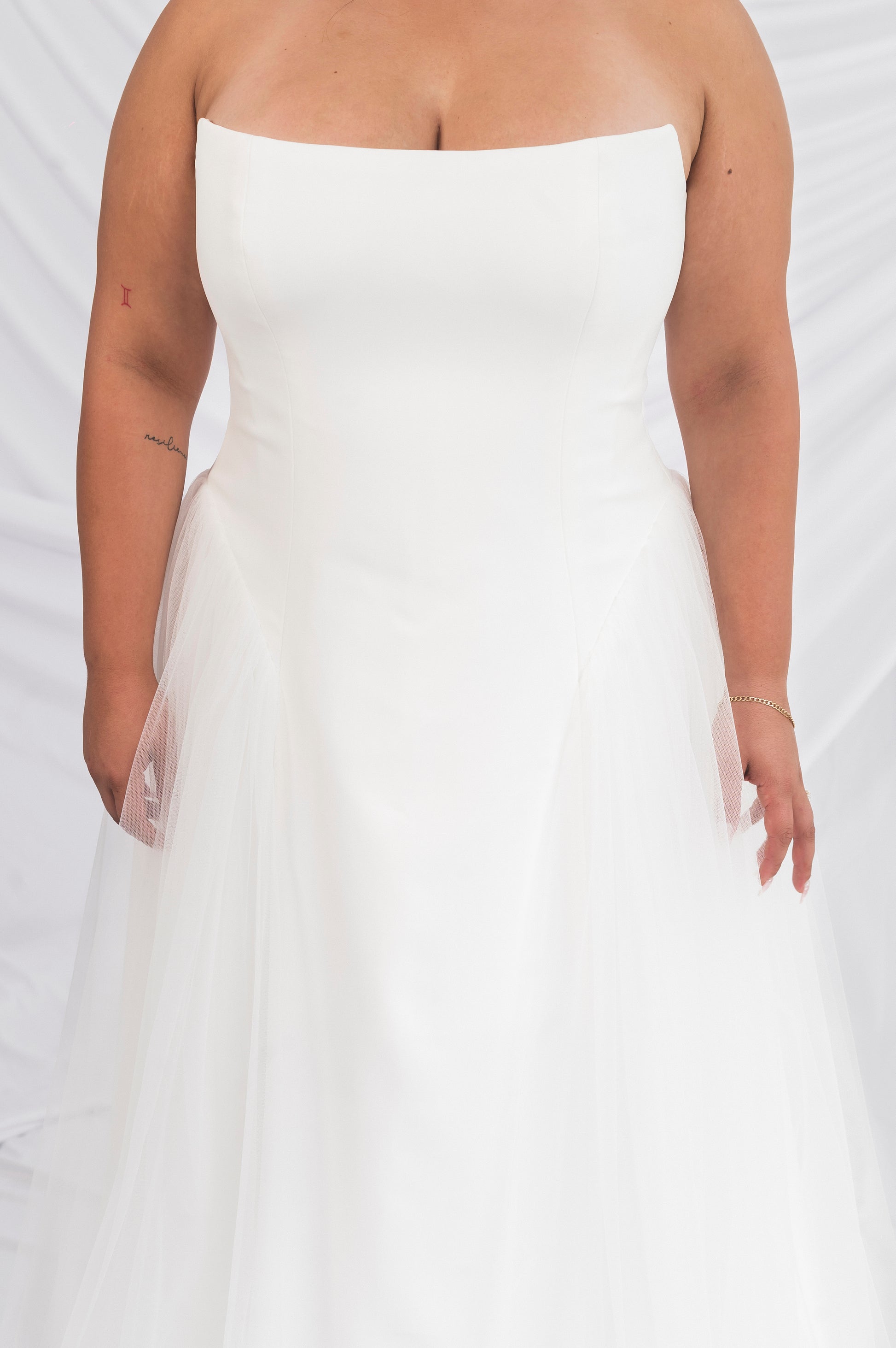 straight neckline with cat eye detail by kathryn bass, tulle skirt