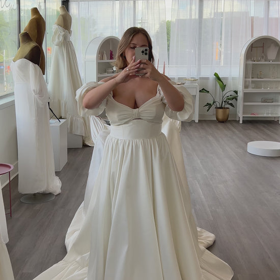 Ruffled Aline Mikado Wedding Dress with Peakaboo Bodice