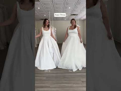 two sizes of the sierra dress shown on a size 12 brid eand a plus size size 22 bride